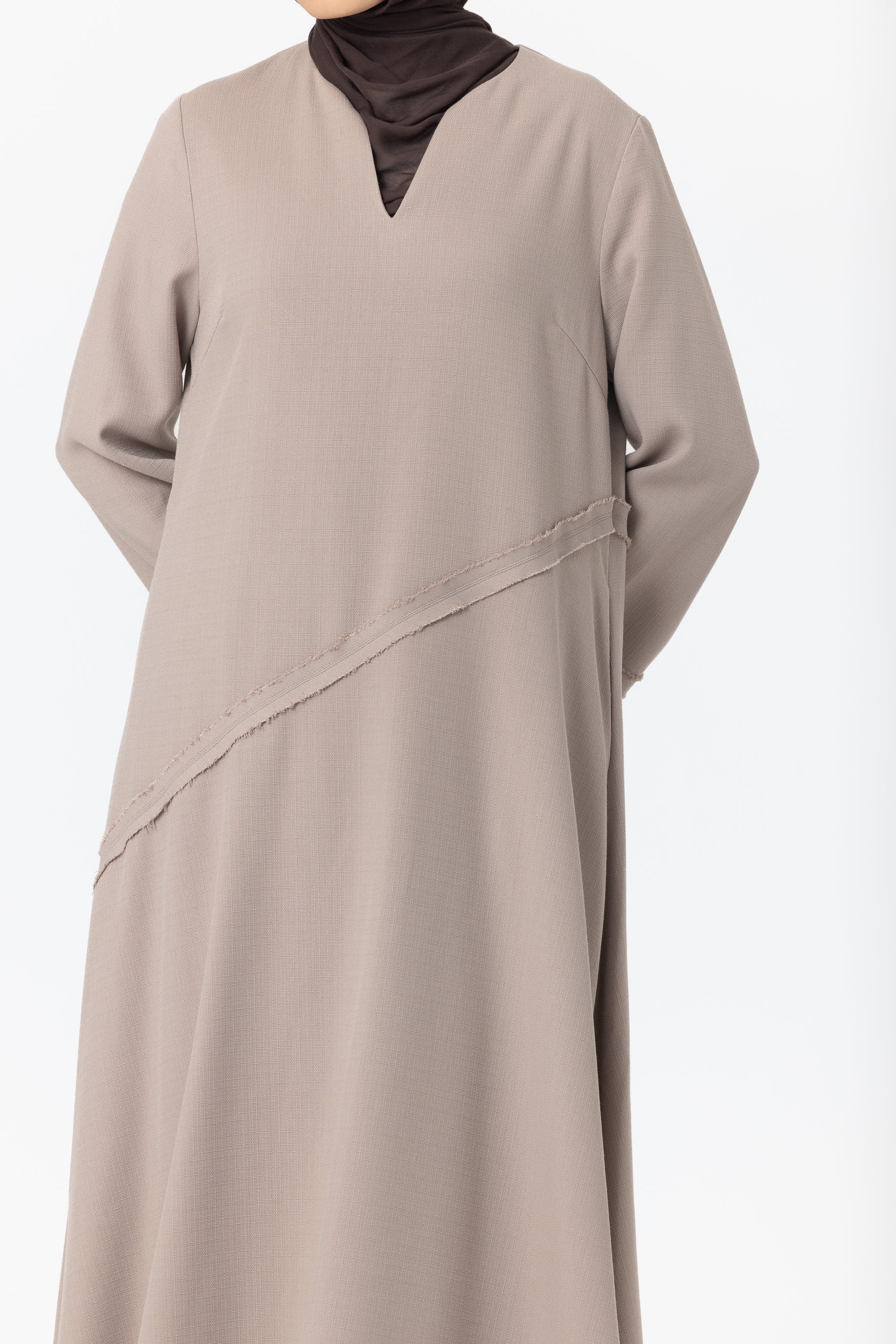 Asymmetric Frayed Abaya - Mocha Mousse - Image 2