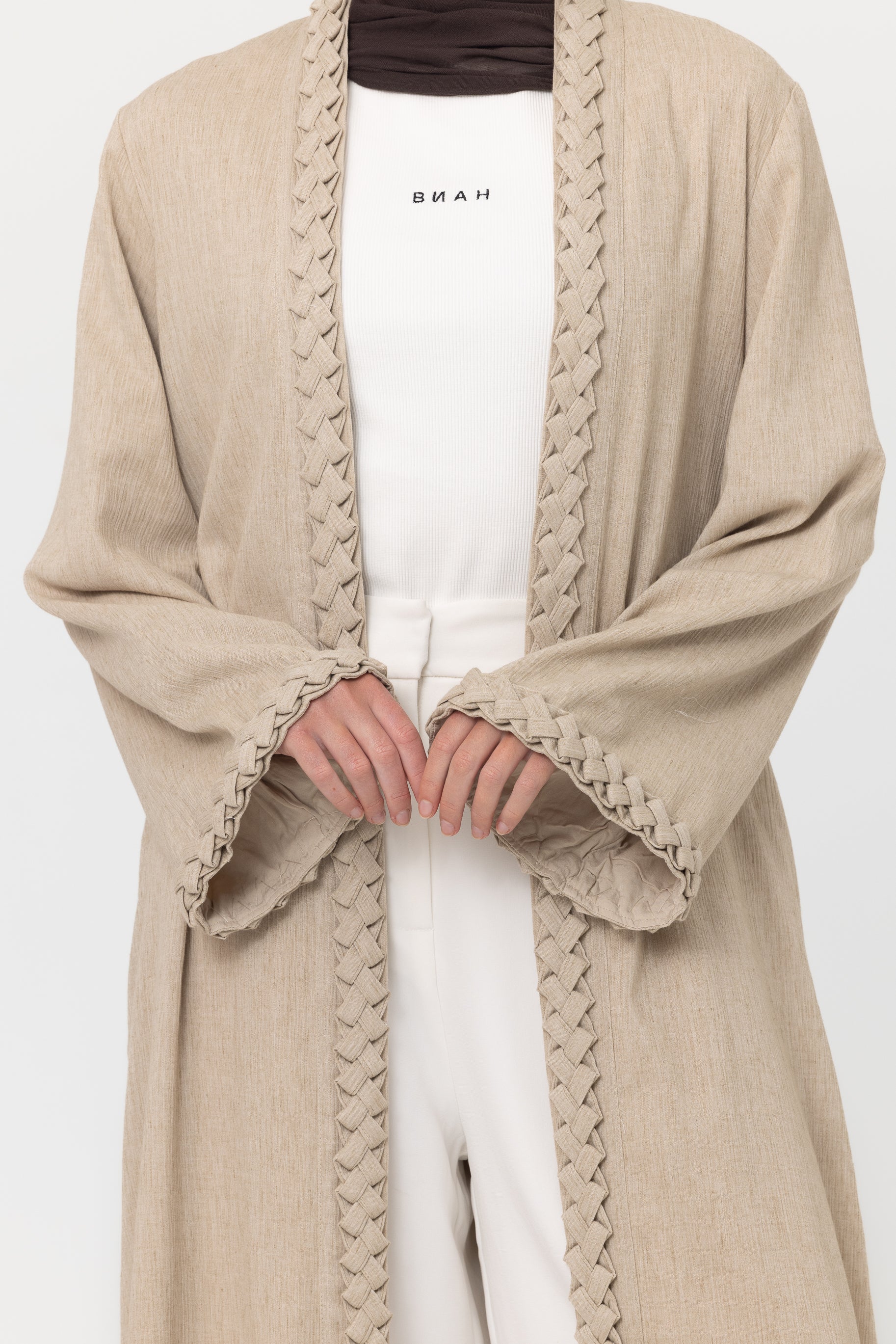 Braided Open Abaya - Linseed - Image 2