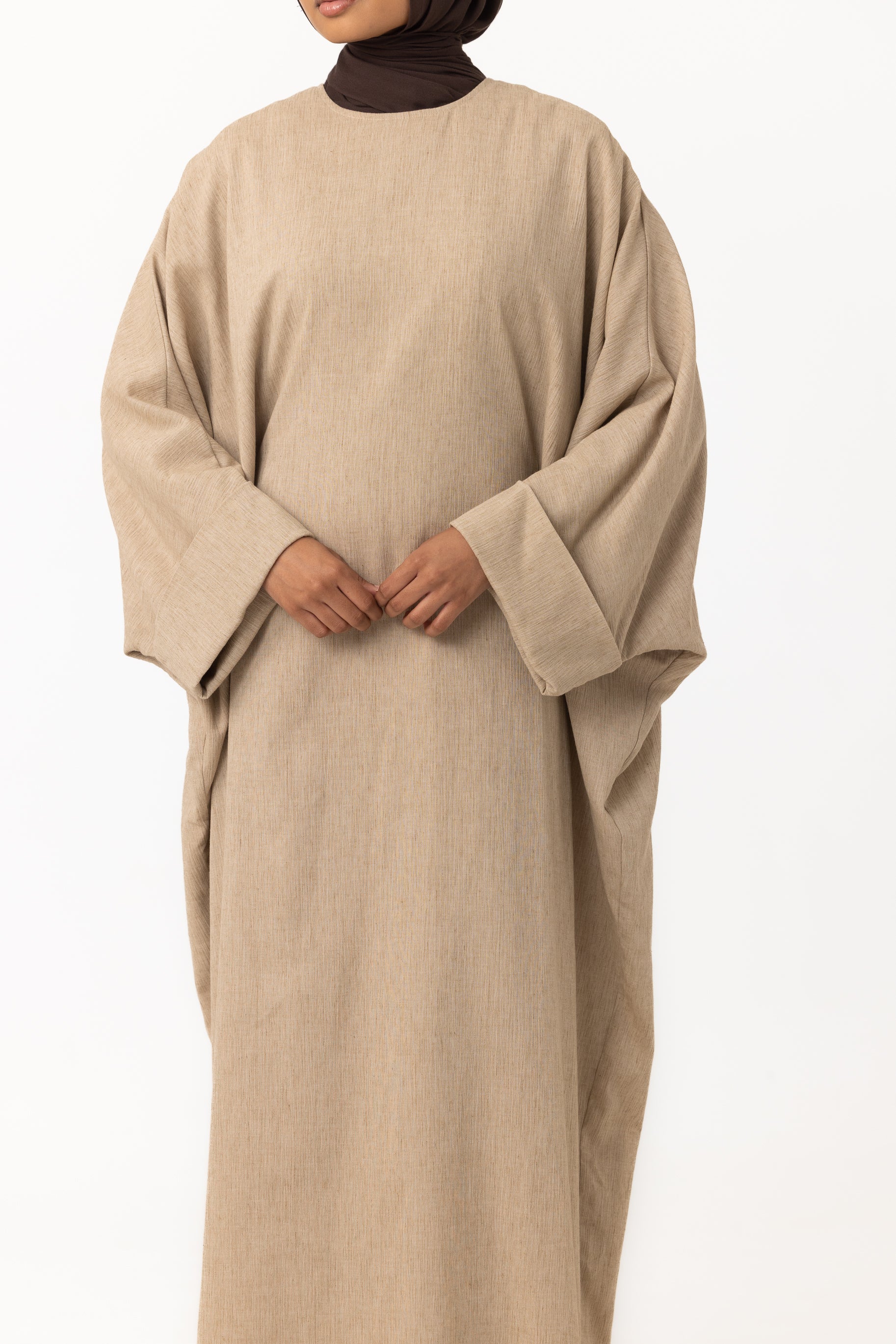Crinkle Batwing Abaya - Linseed - Image 3