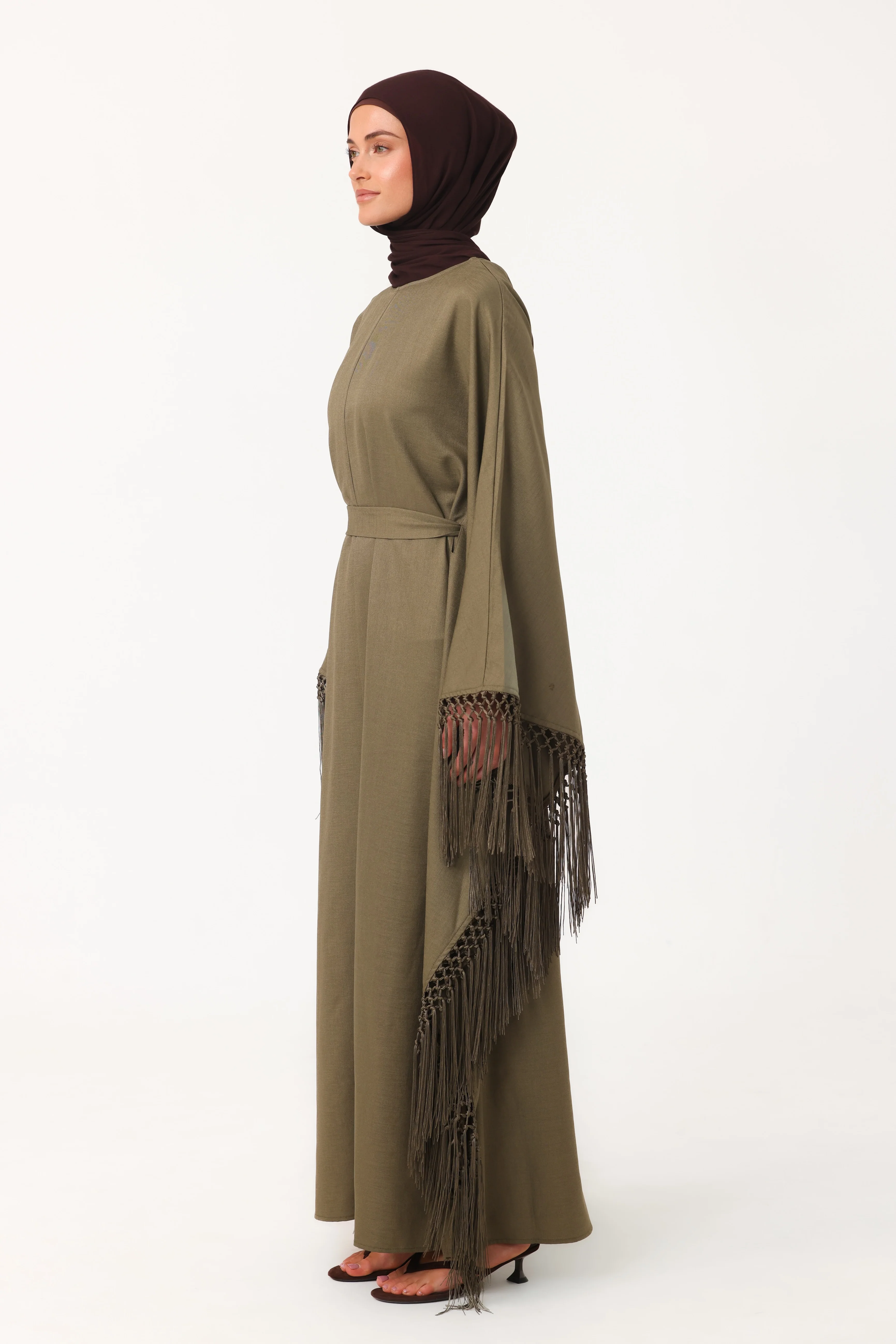 Fringed Batwing Abaya - Dark Olive - Image 2