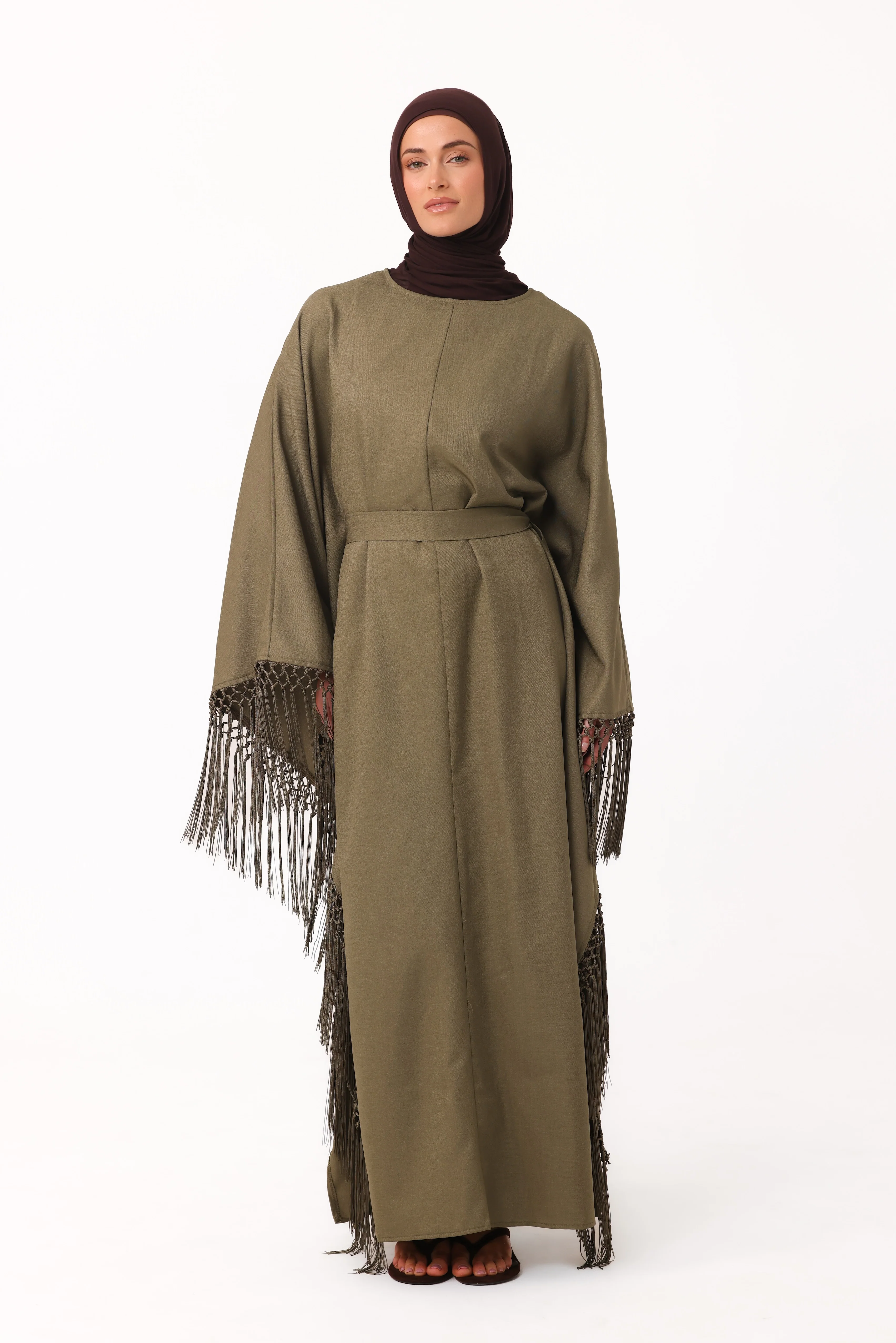 Fringed Batwing Abaya - Dark Olive - Image 3