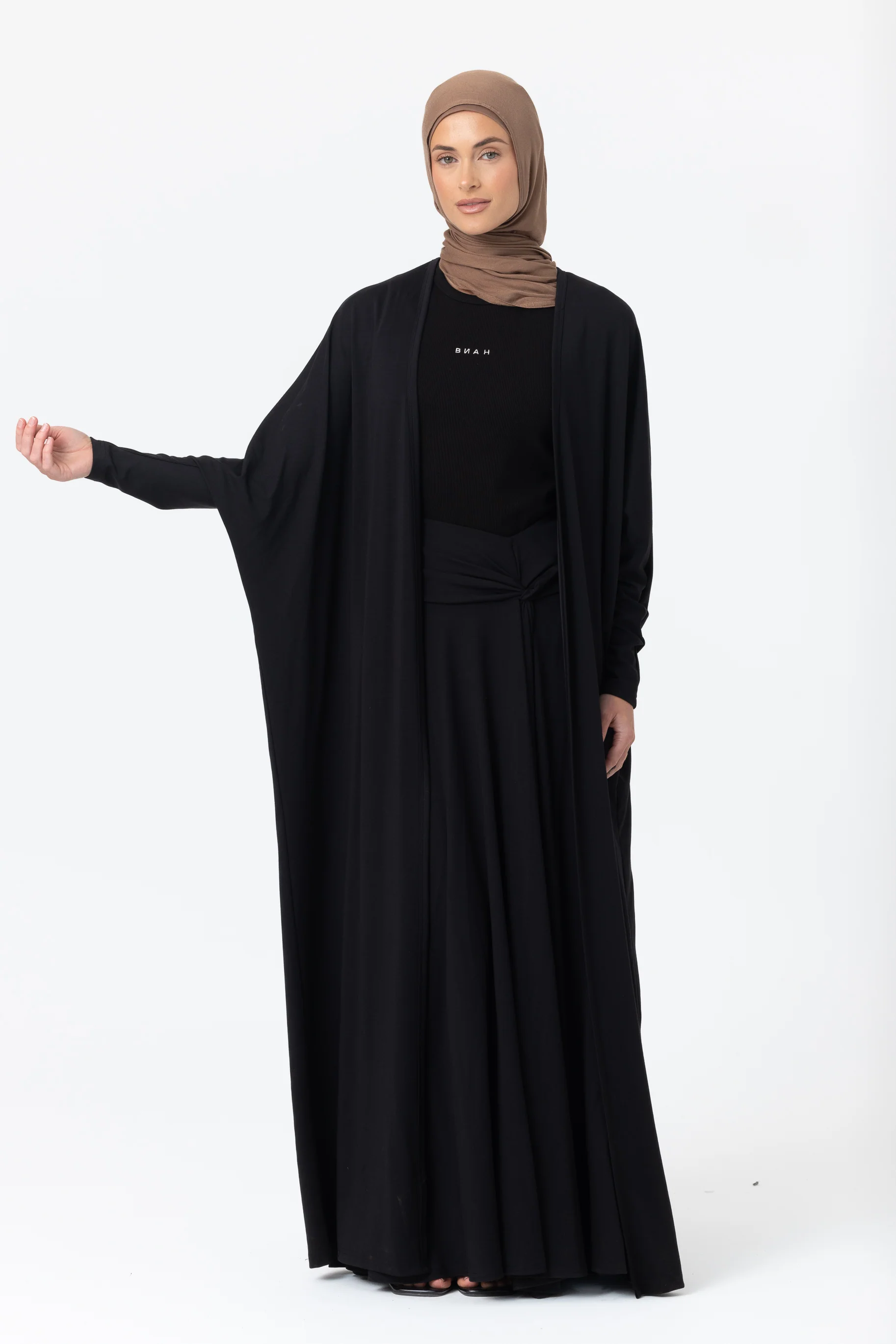 Jersey Batwing Open Abaya - Black - Image 3