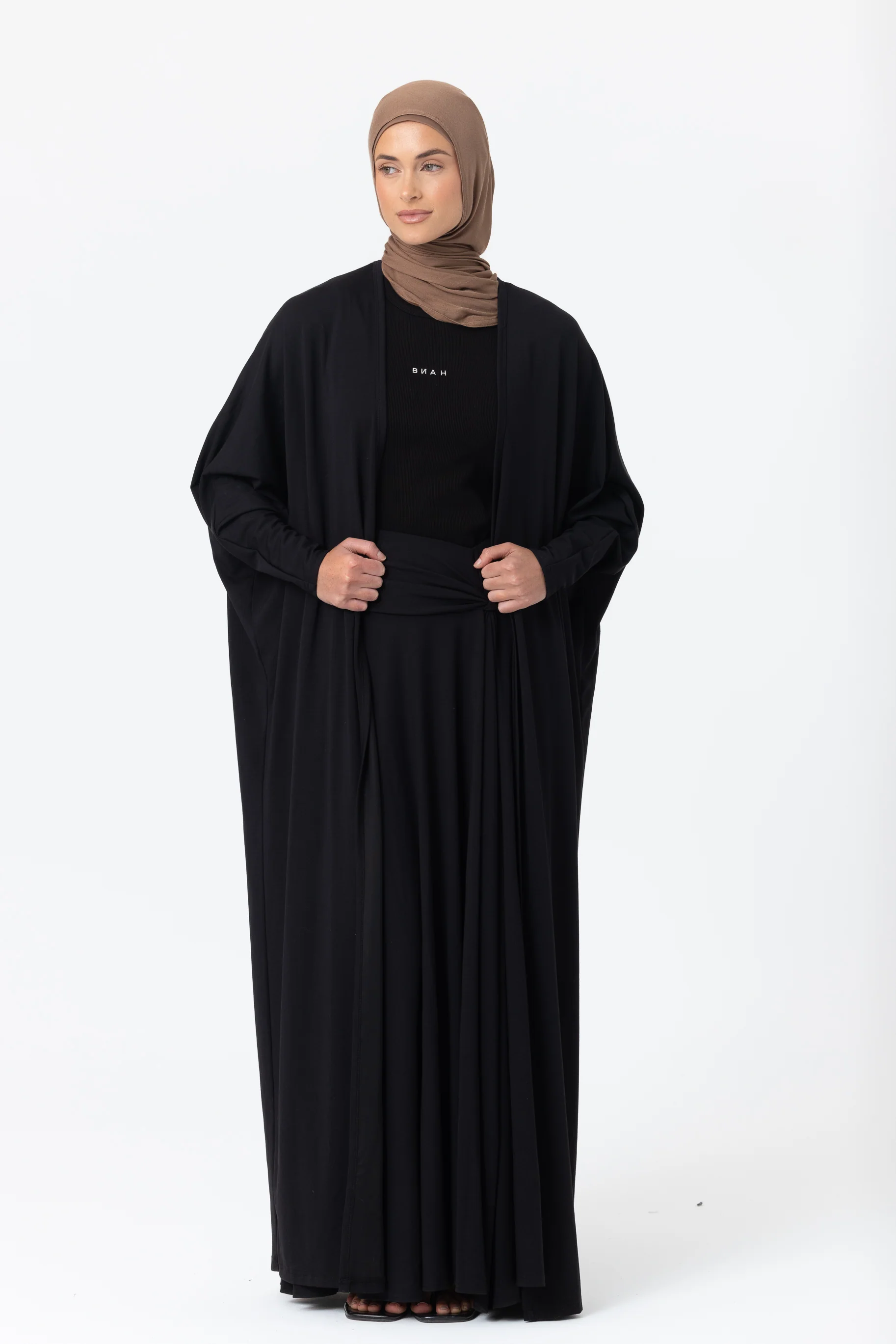 Jersey Batwing Open Abaya - Black - Image 4