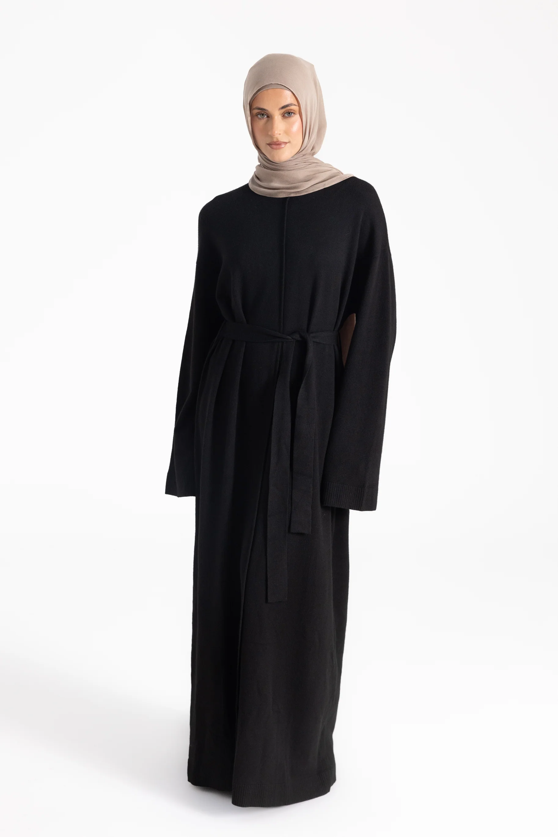 Mock Neck Knit Abaya - Black - Image 3