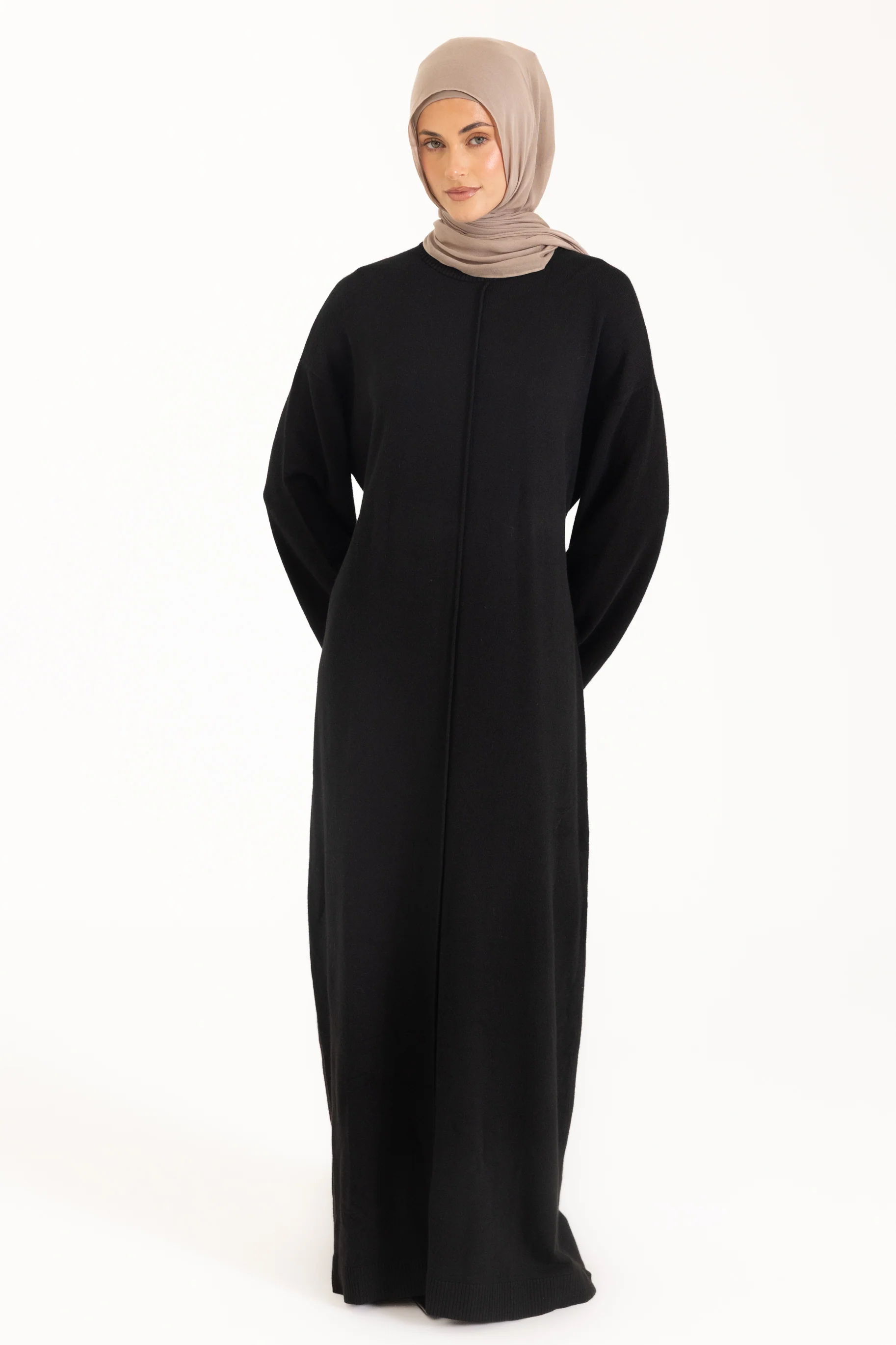 Mock Neck Knit Abaya - Black - Image 5