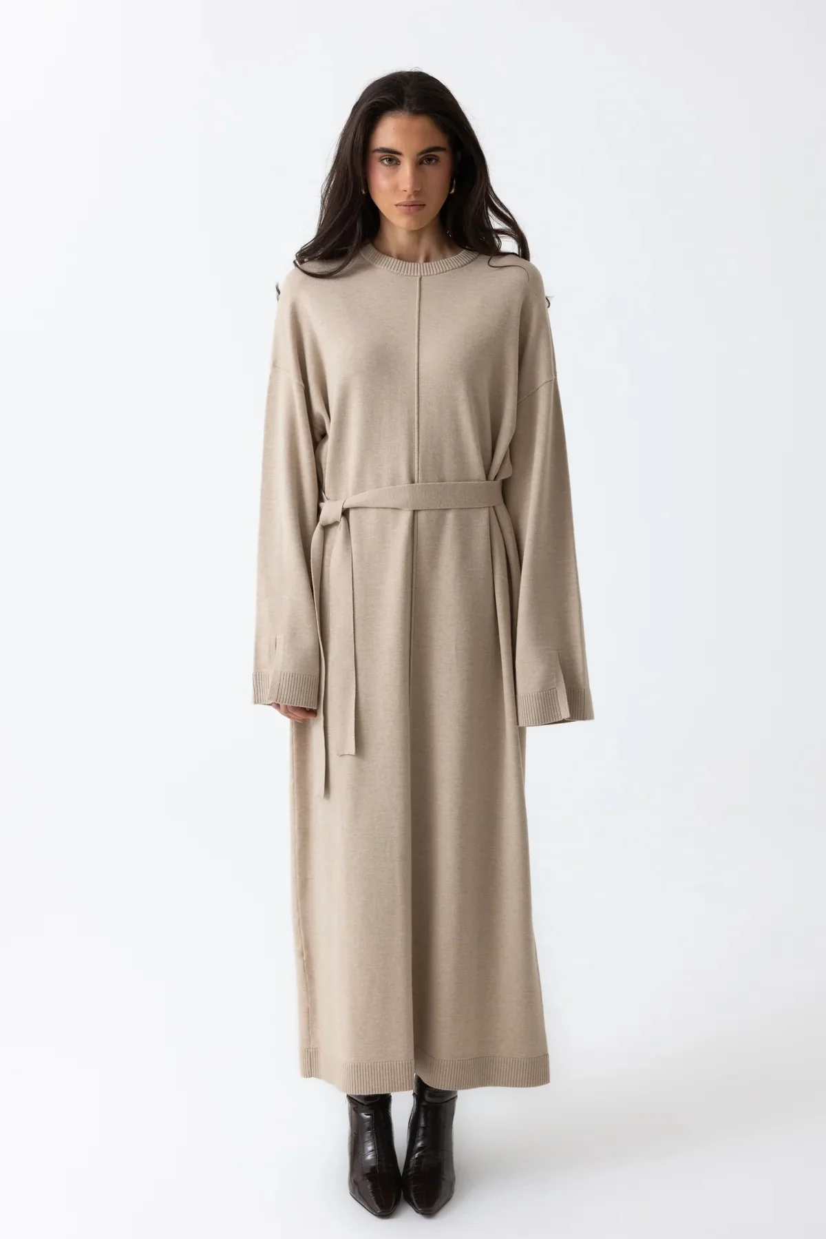 Mock Neck Knit Abaya - Oat - Image 2