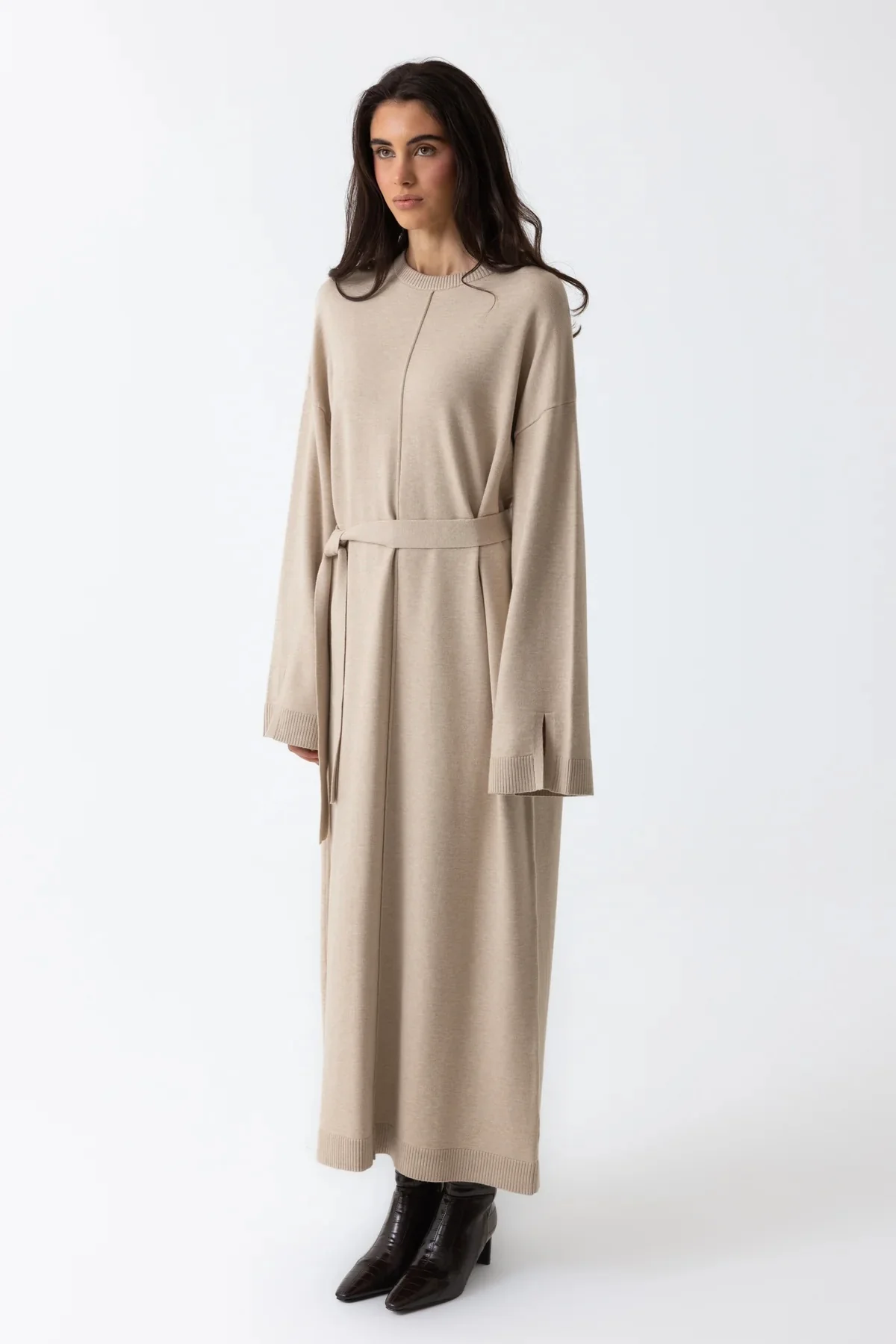 Mock Neck Knit Abaya - Oat - Image 3
