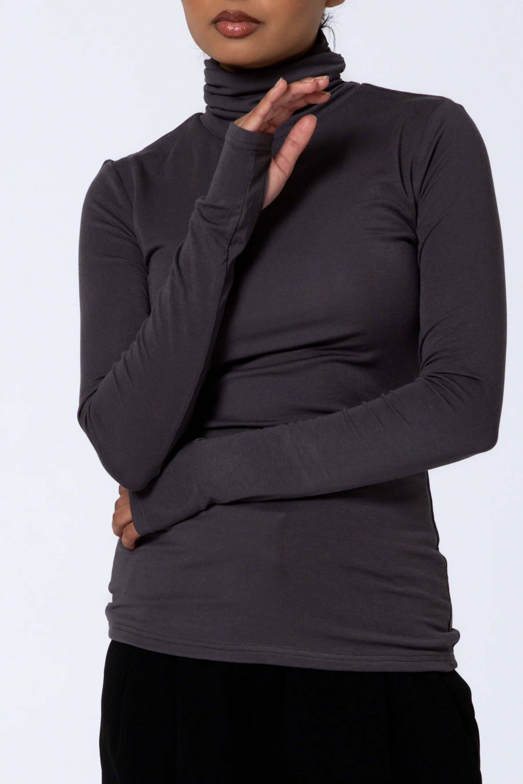 Modal Turtleneck Top - Charcoal - Image 2