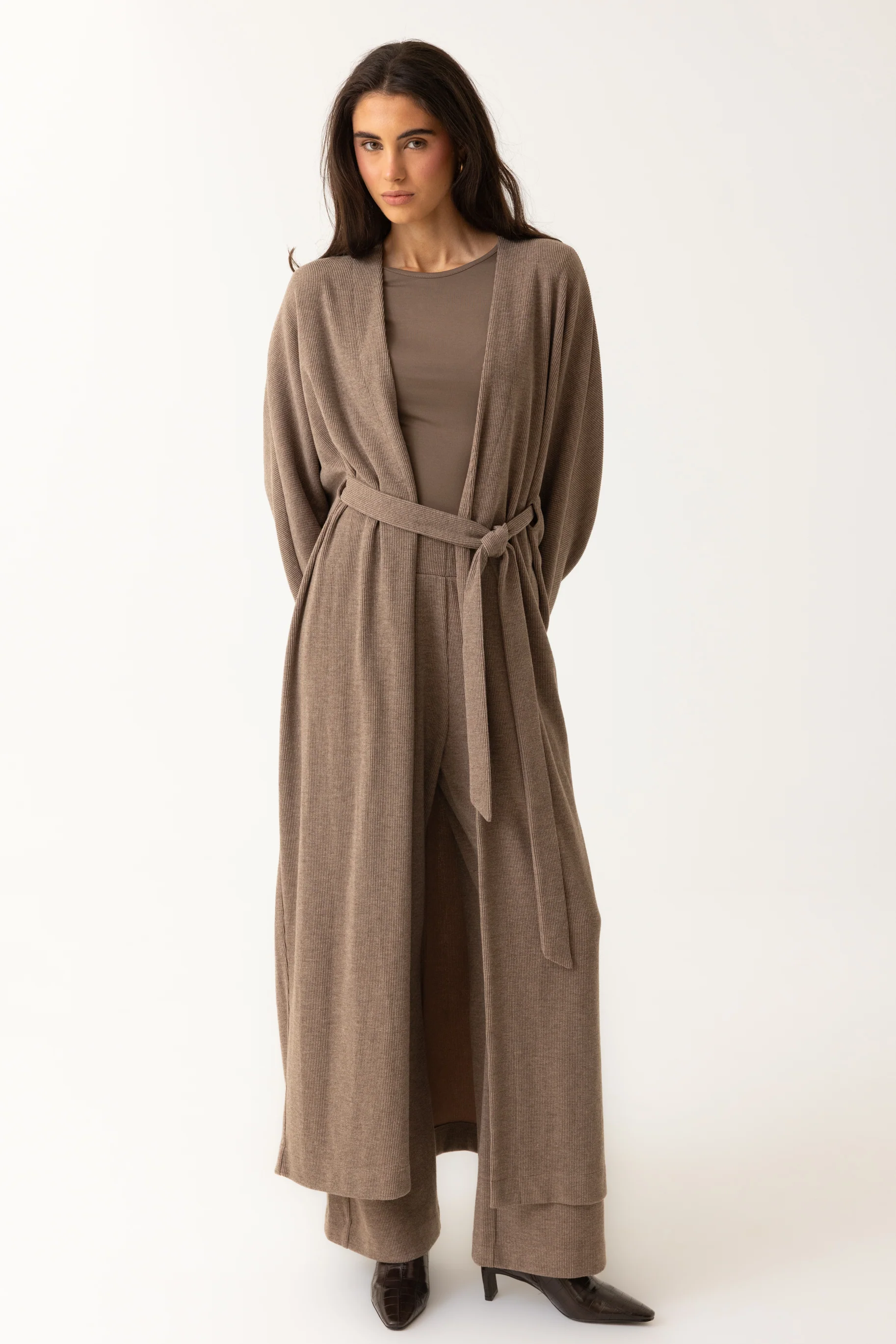 Rib Knit Batwing Abaya - Taupe - Image 2