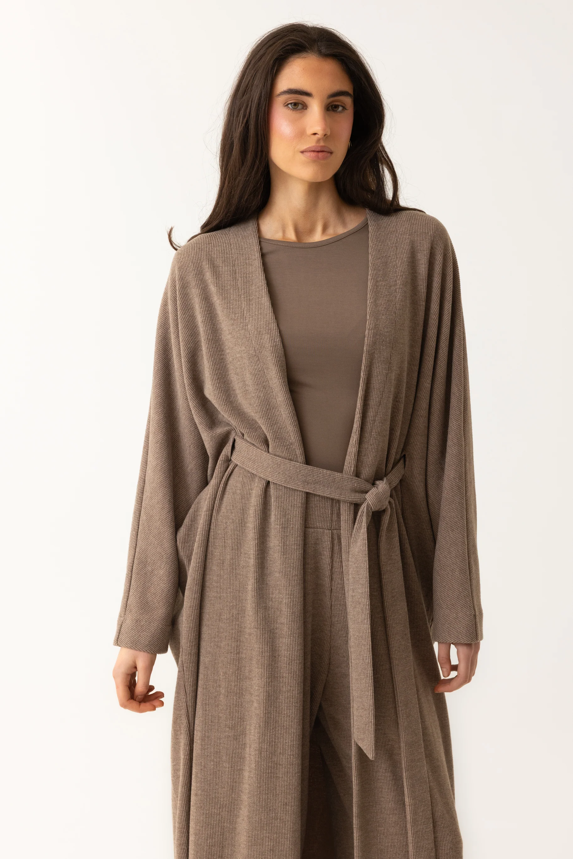Rib Knit Batwing Abaya - Taupe - Image 5