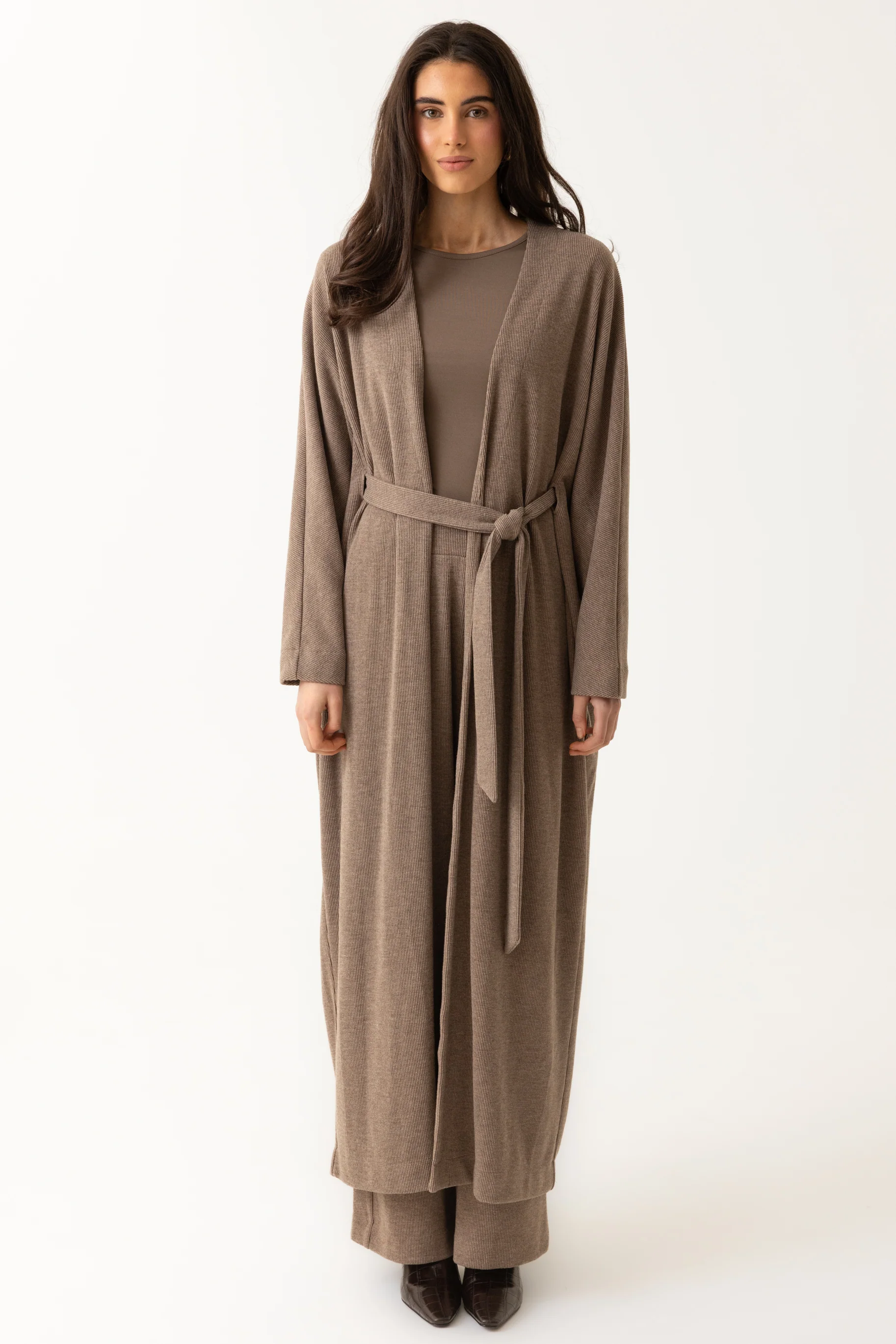 Rib Knit Batwing Abaya - Taupe - Image 8