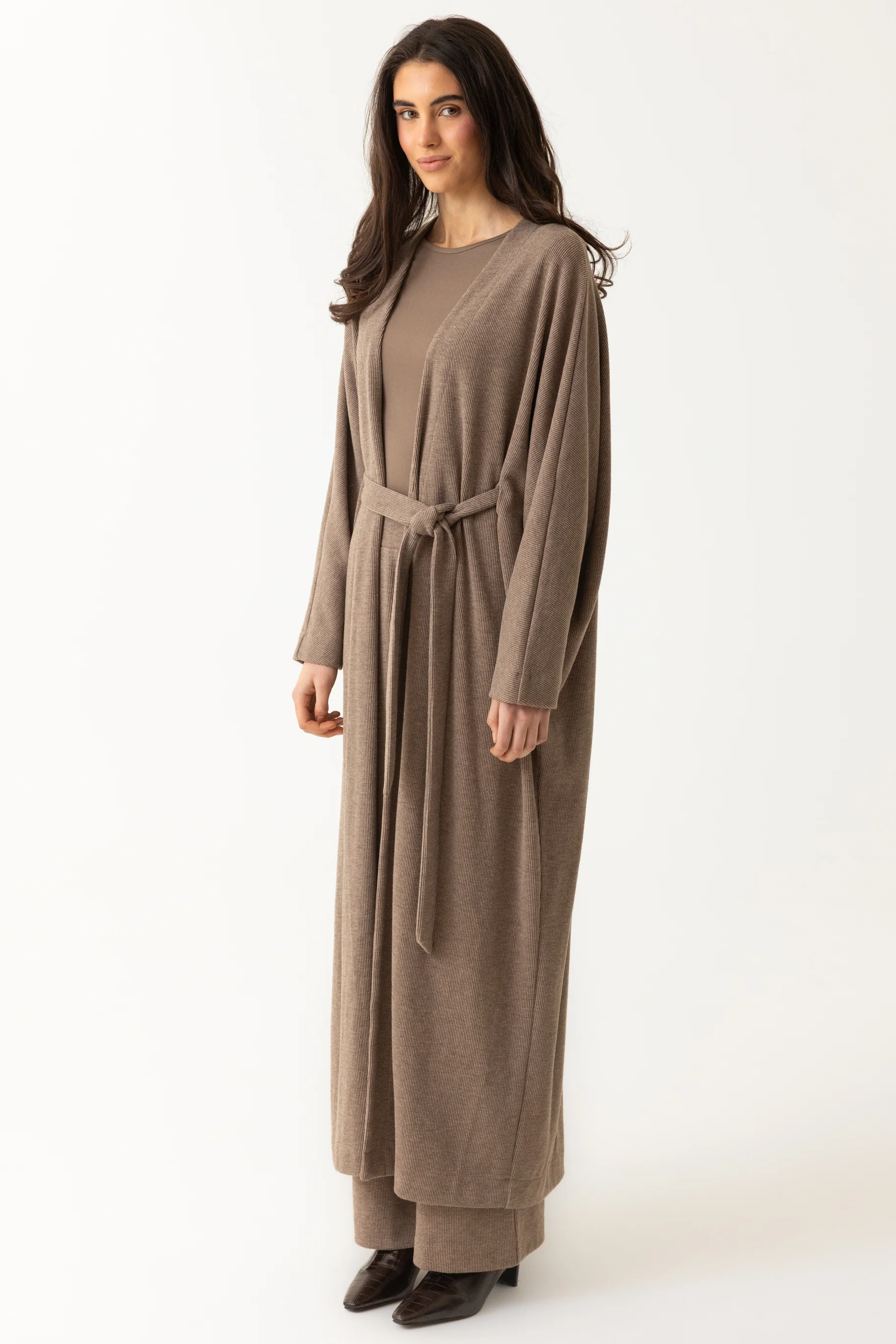 Rib Knit Batwing Abaya - Taupe - Image 9