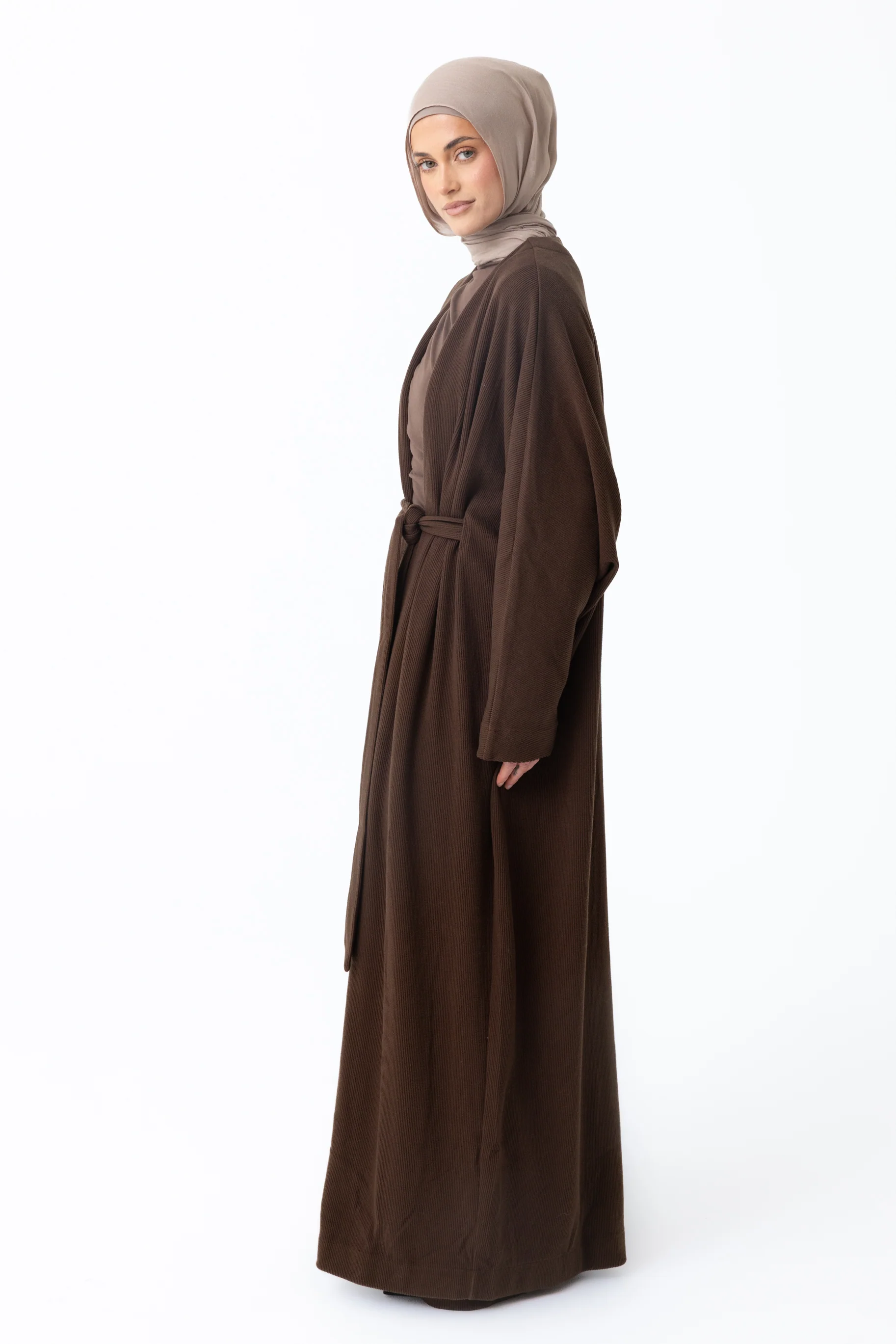 Rib Knit Batwing Abaya - Coffee - Image 2
