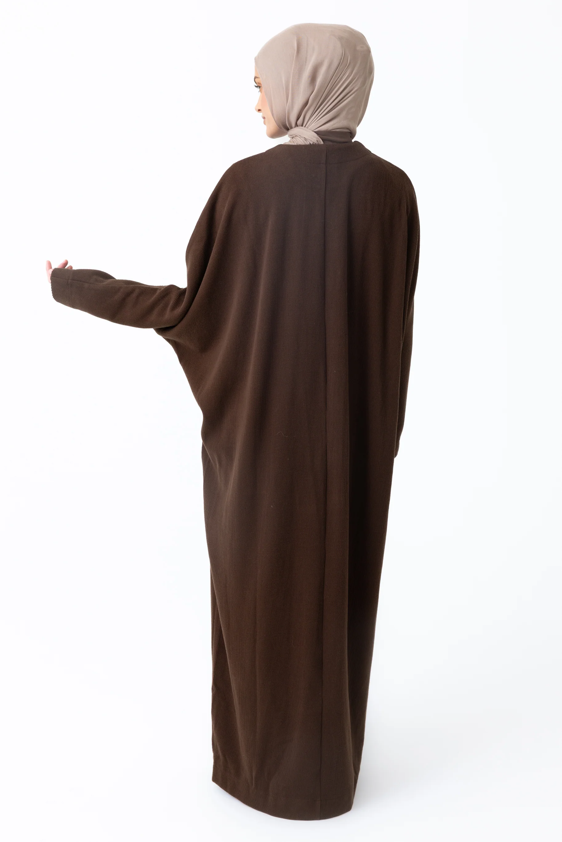 Rib Knit Batwing Abaya - Coffee - Image 3