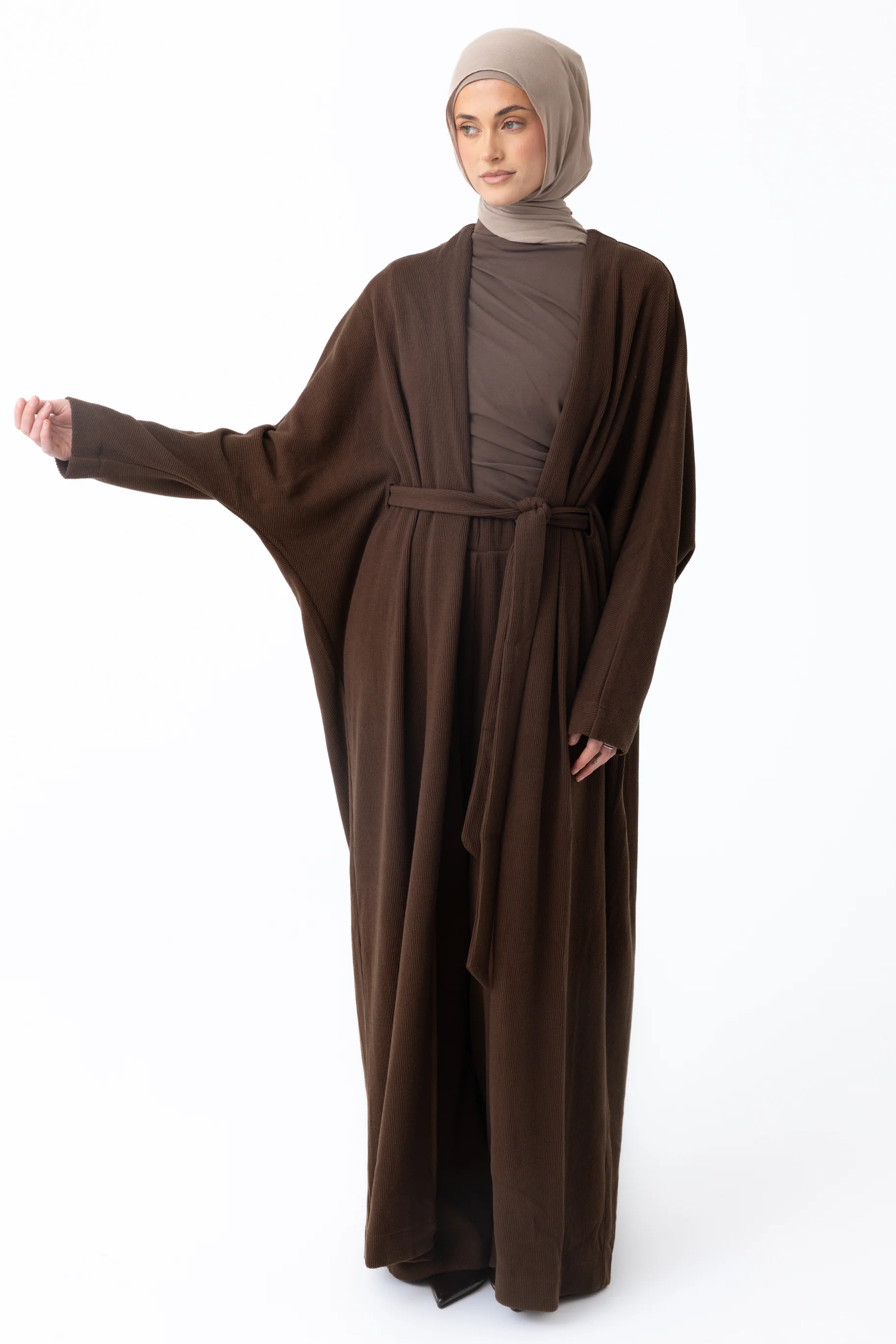 Rib Knit Batwing Abaya - Coffee - Image 4