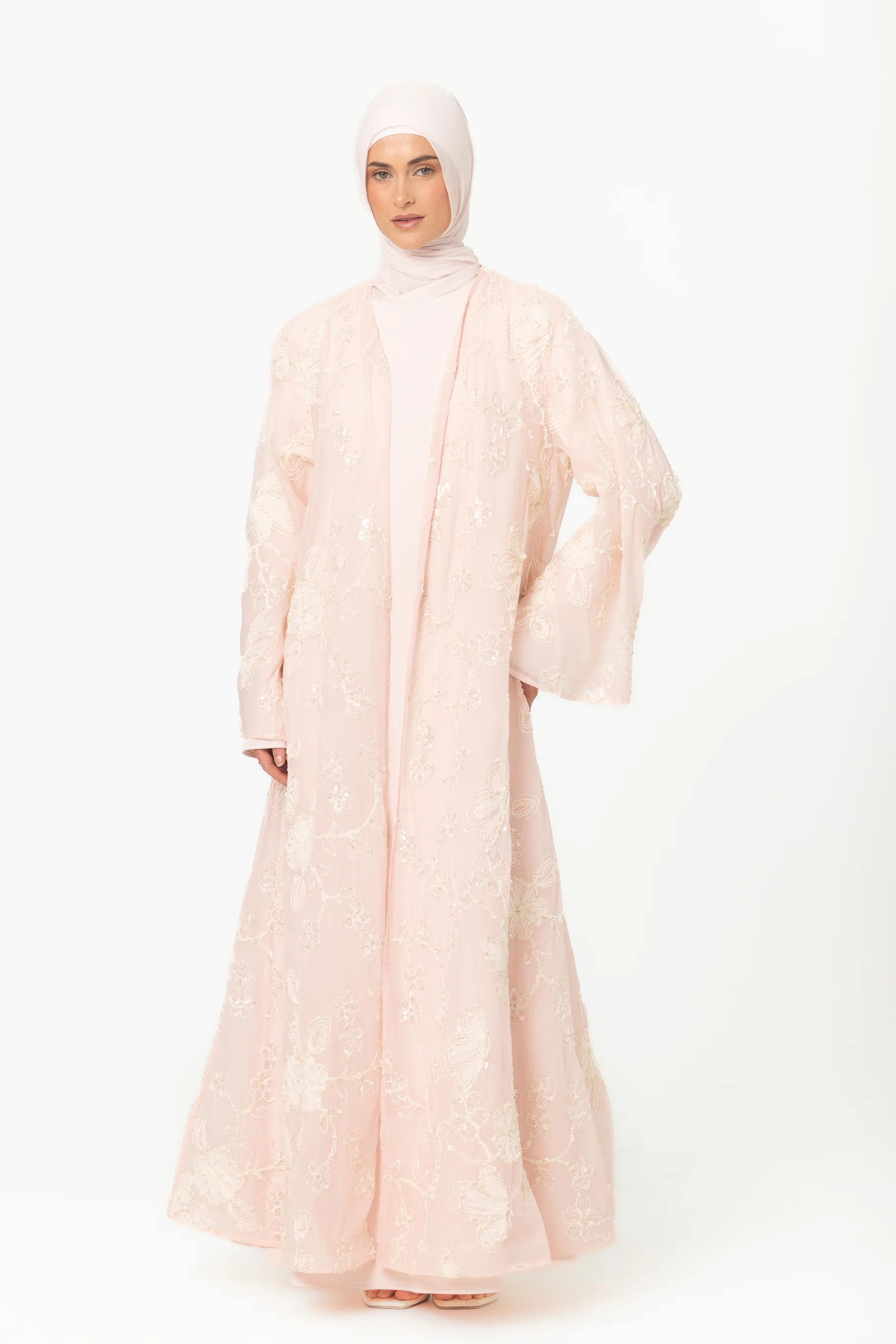 Sheer Embroidered Abaya - Pink - Image 2