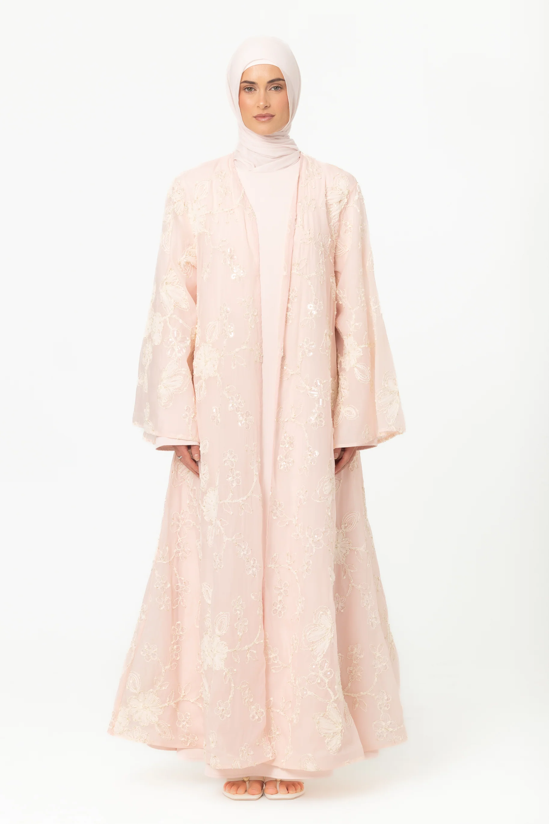 Sheer Embroidered Abaya - Pink - Image 3