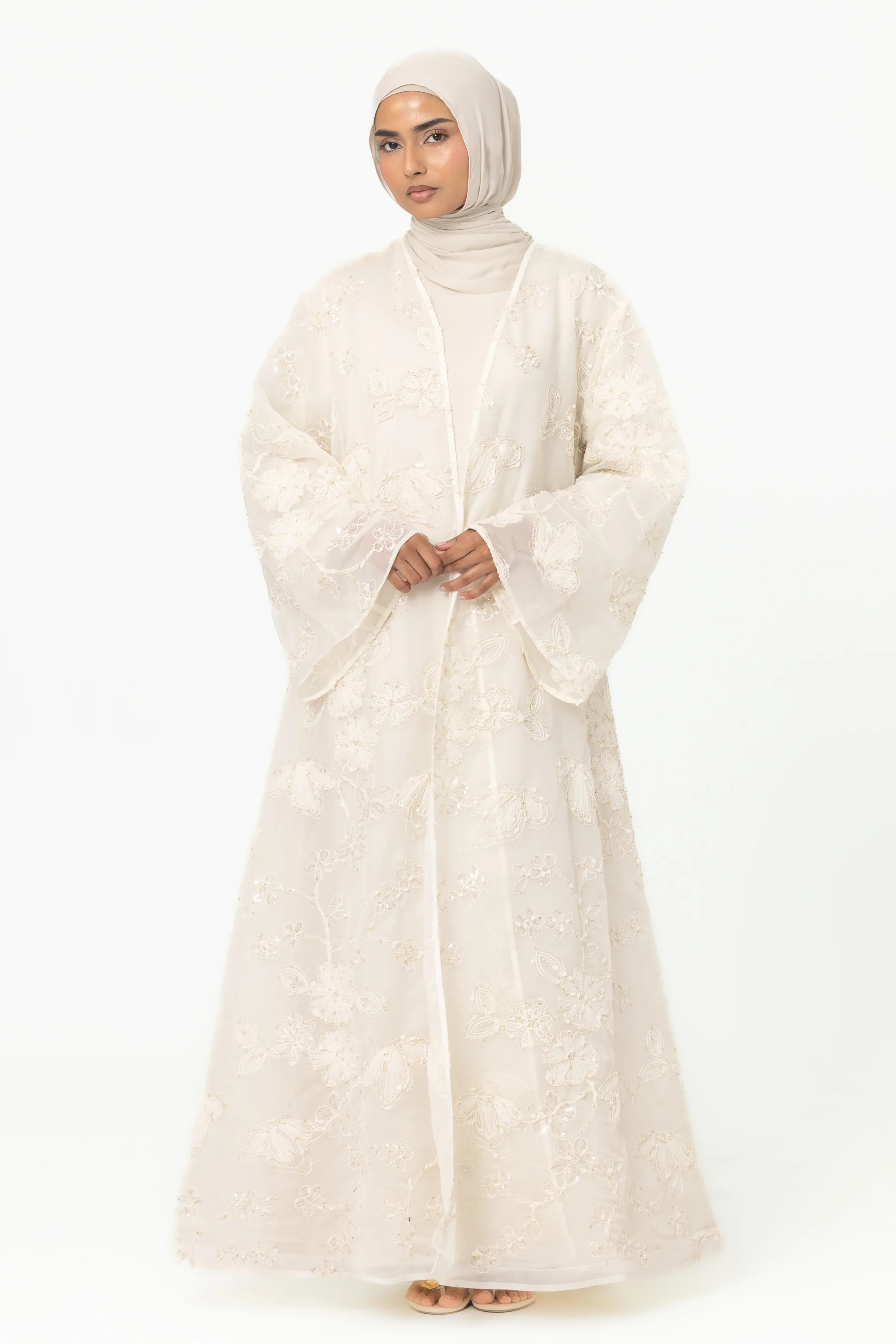 Sheer Embroidered Abaya - White