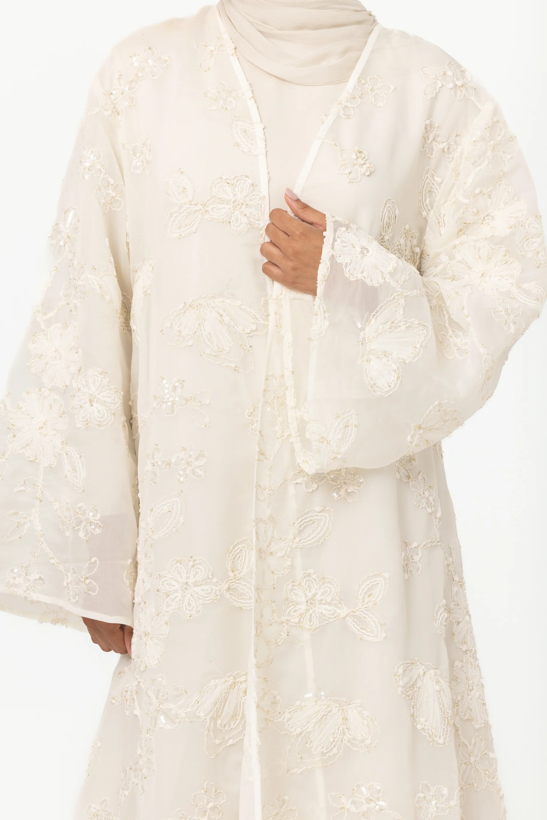 Sheer Embroidered Abaya - White - Image 2