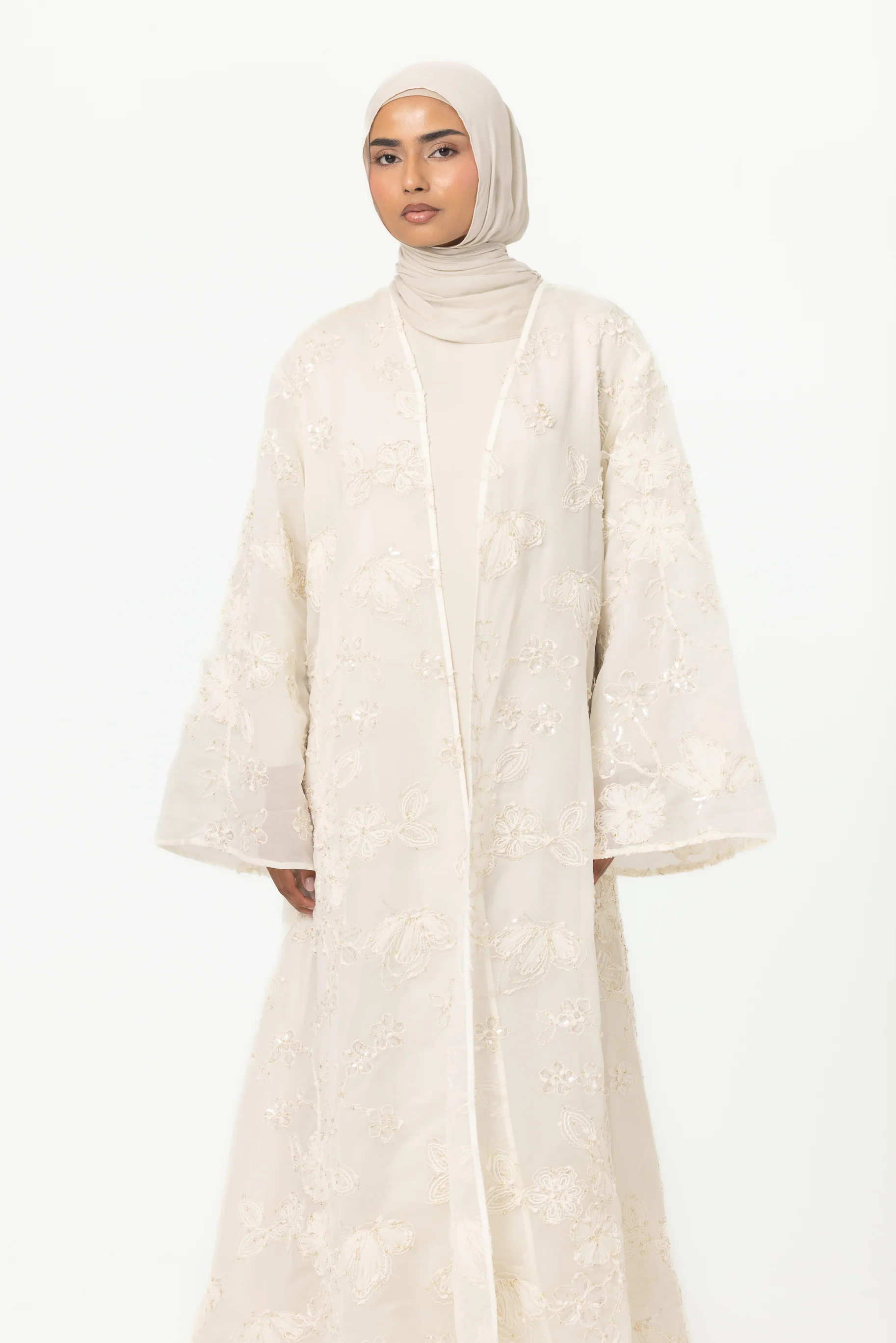 Sheer Embroidered Abaya - White - Image 3