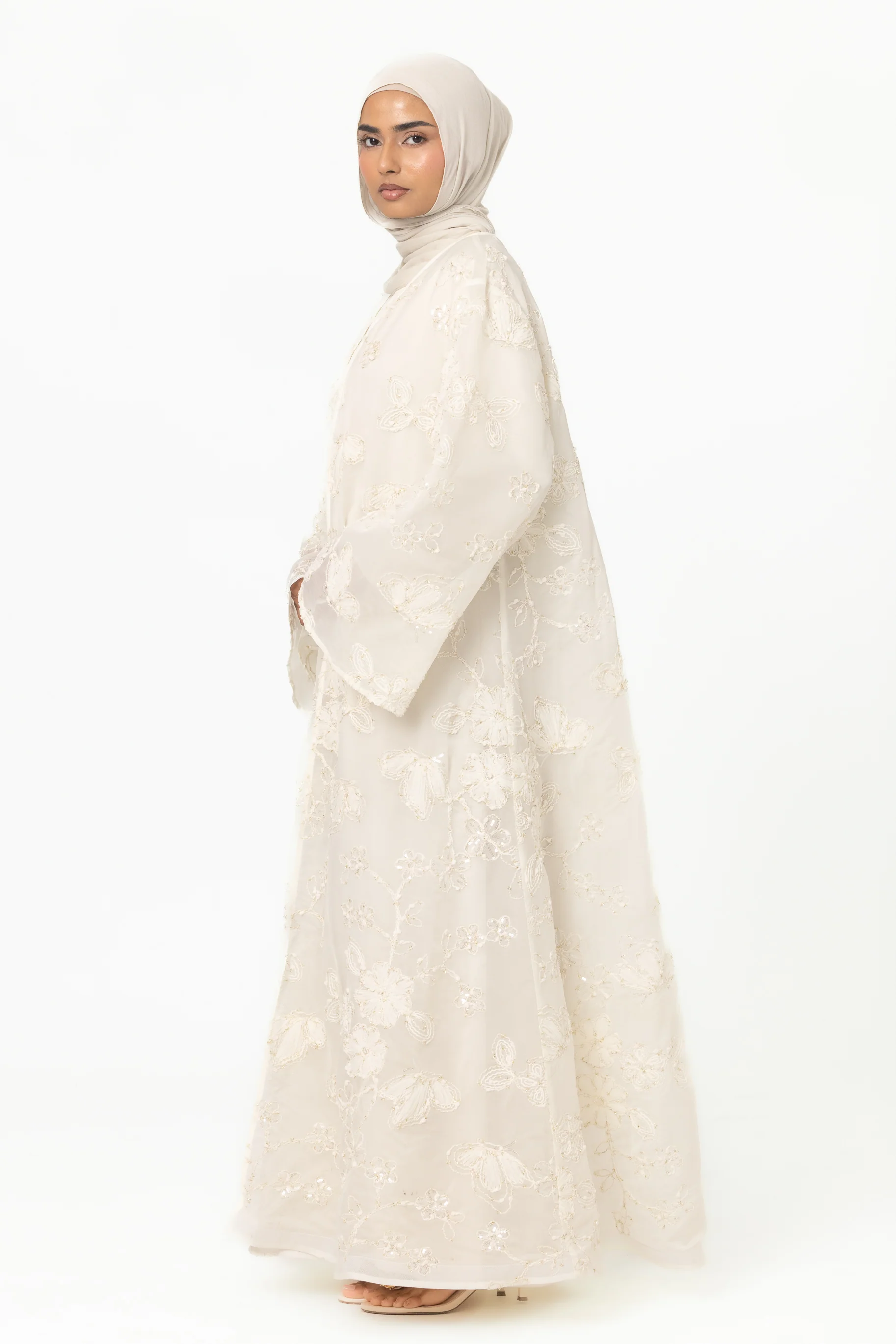 Sheer Embroidered Abaya - White - Image 4