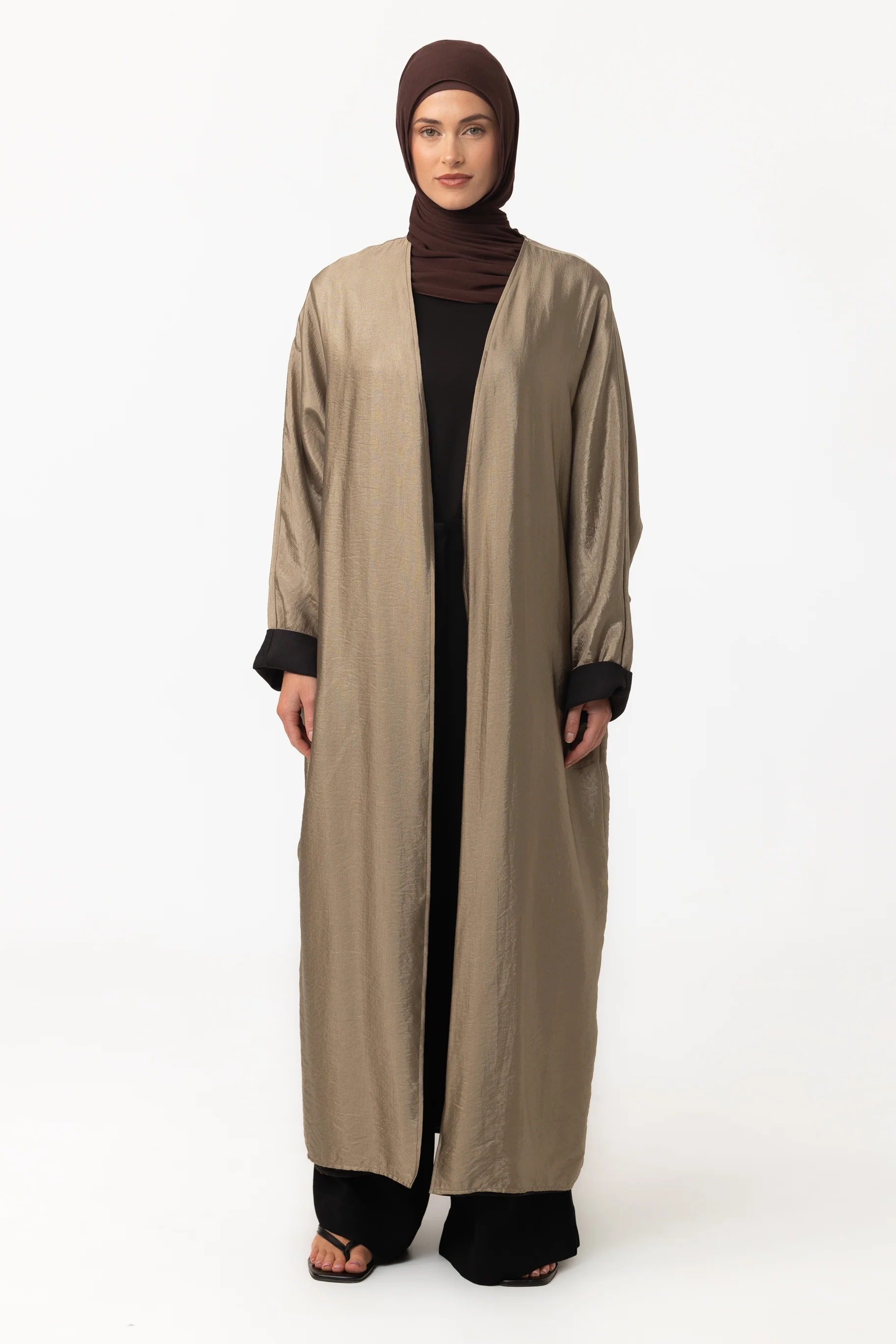Two Tone Open Abaya - Black Olive - Image 3