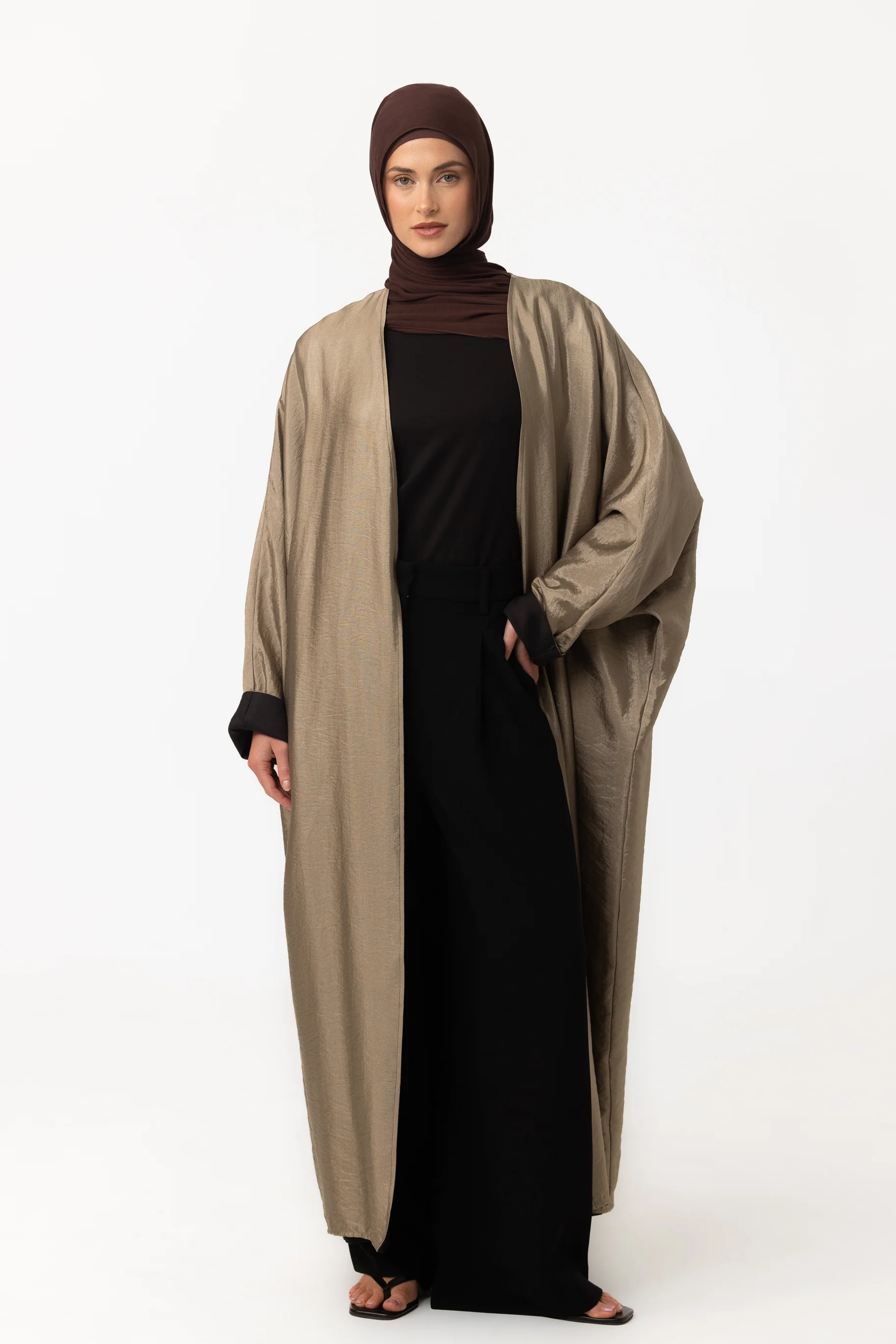 Two Tone Open Abaya - Black Olive - Image 4
