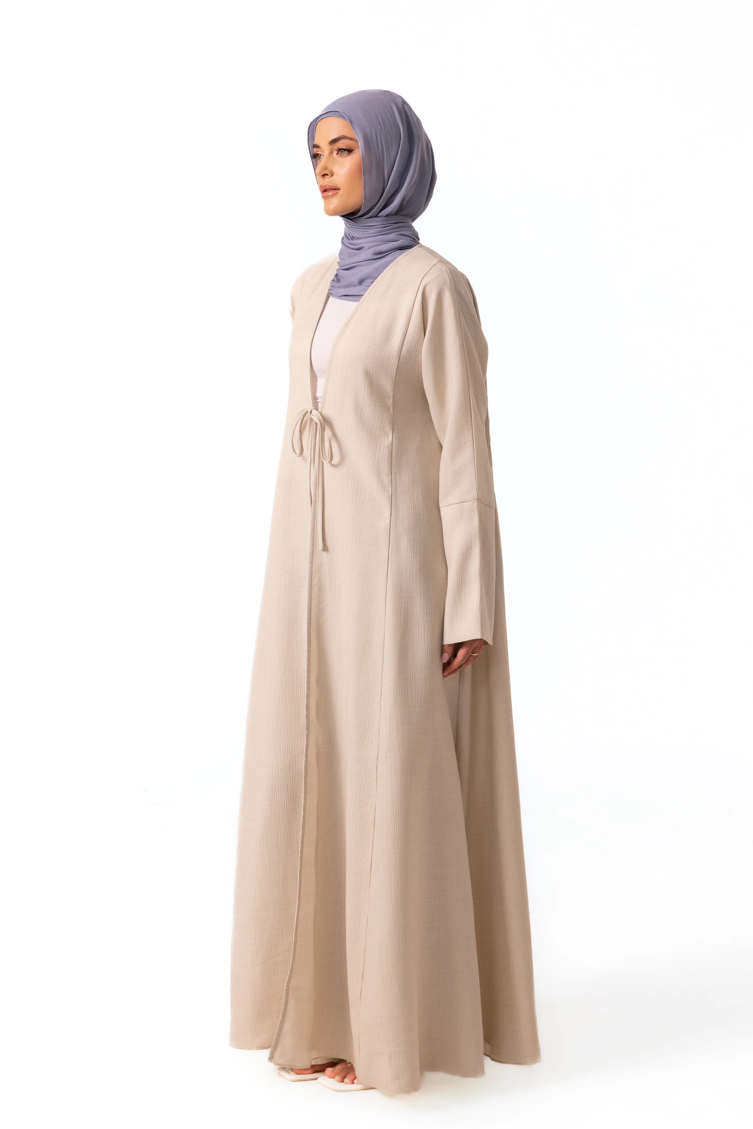 Yara Crinkle Tie Up Abaya - Oat - Image 3