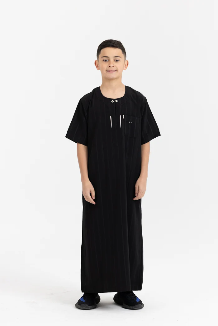 Youth Ikaf Short Sleeve Buttons Abaya - Black - Image 3